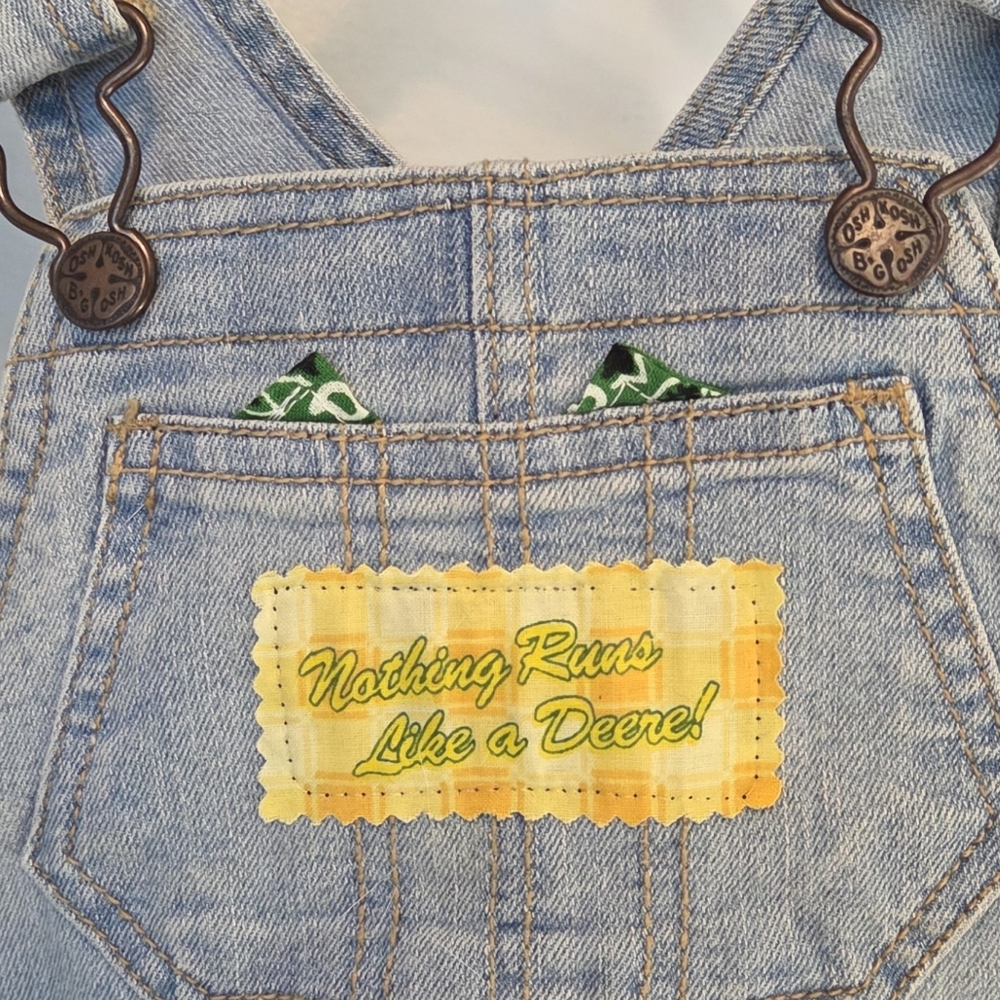 OshKosh B'gosh NWOT Blue Denim Overalls John Deer Green Tractor Patches 12 Month - Picture 3 of 10